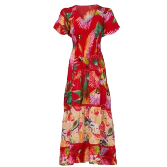 HP 🥳 Farm Rio x Anthropologie XS 0/2 Macaw Red Yellow Floral Tropical Maxi Dress - Picture 5 of 11